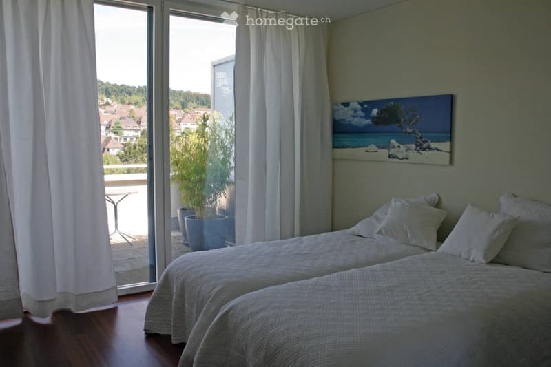 Bright bedroom with two single beds, large windows offering a scenic view, a small table, and a potted plant near the window.