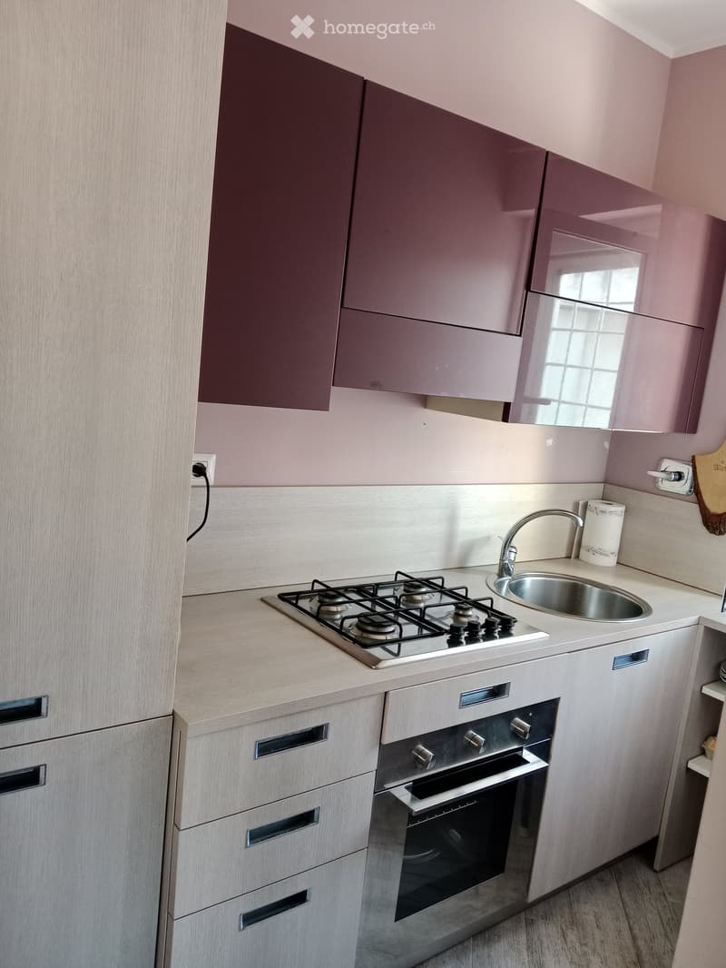 Modern kitchen with light wood cabinets, gas stove, sink, and built-in oven. Features a sleek design with a neutral color palette.