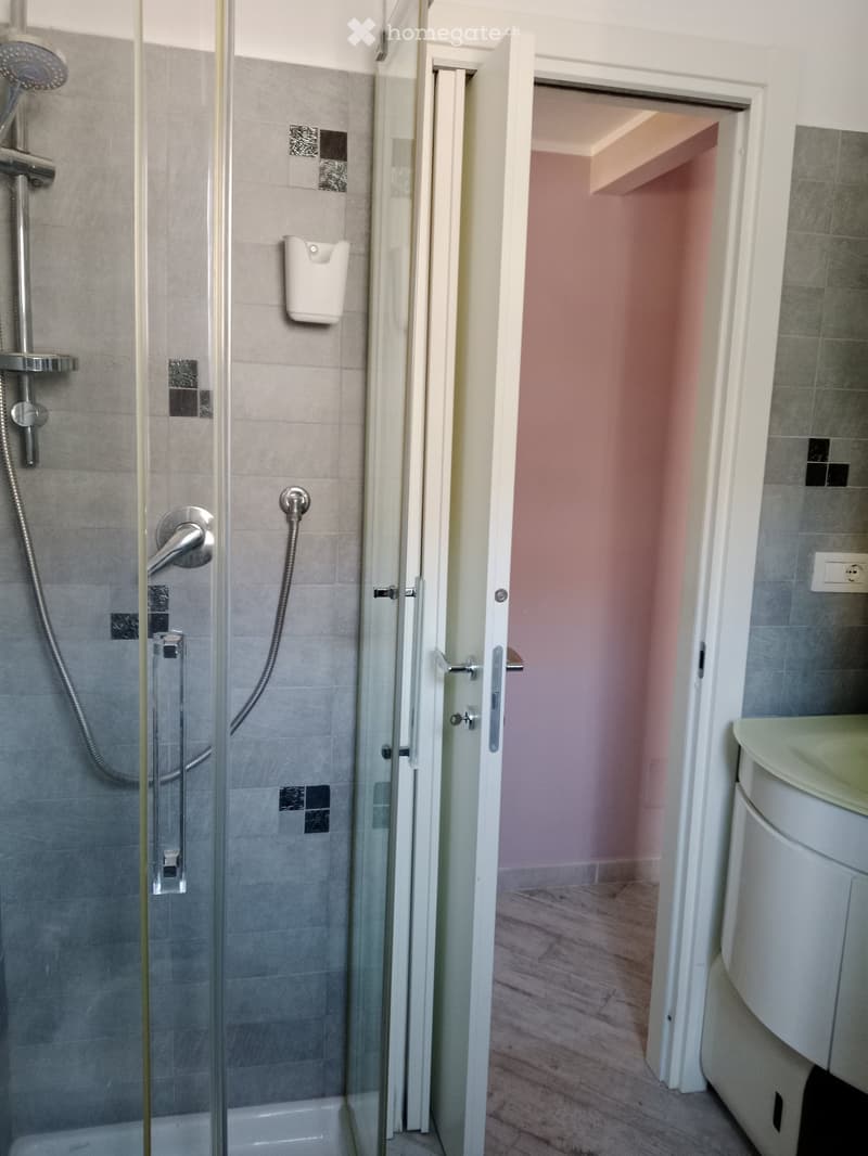 Modern bathroom with a glass-enclosed shower, grey tiles, and a white sink cabinet.