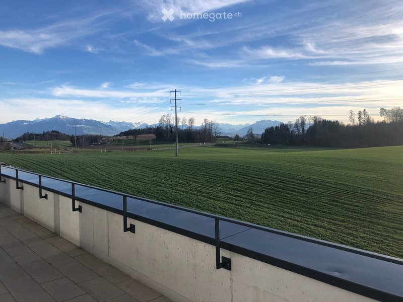 Balcony with a view of a green field and distant mountains under a clear sky.