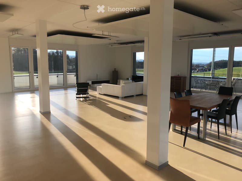Open-plan living and dining area with large windows and a view, featuring a white sofa, a dining table with chairs, and a television.
