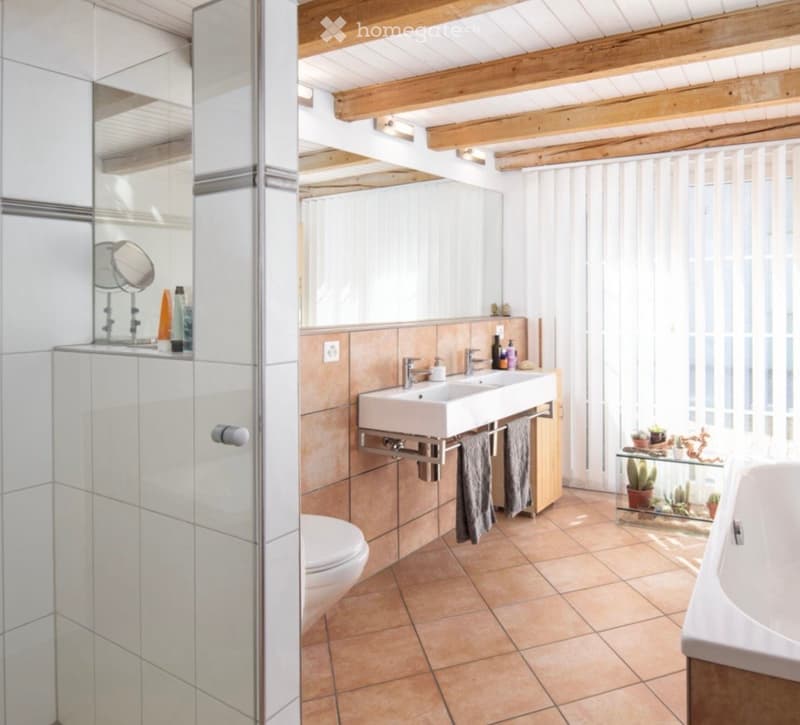 Modern bathroom with a double sink, toilet, bathtub, and a glass-enclosed shower area. Features include wooden beams on the ceiling, tiled walls, and a small plant display on a glass shelf.