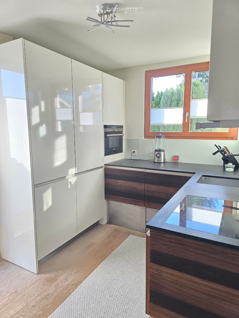 Modern kitchen with white cabinets, dark wood accents, stainless steel appliances, and a large window overlooking greenery.