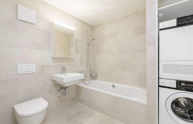 Modern bathroom with a toilet, sink, bathtub, and shower. Includes a built-in washing machine and dryer unit.