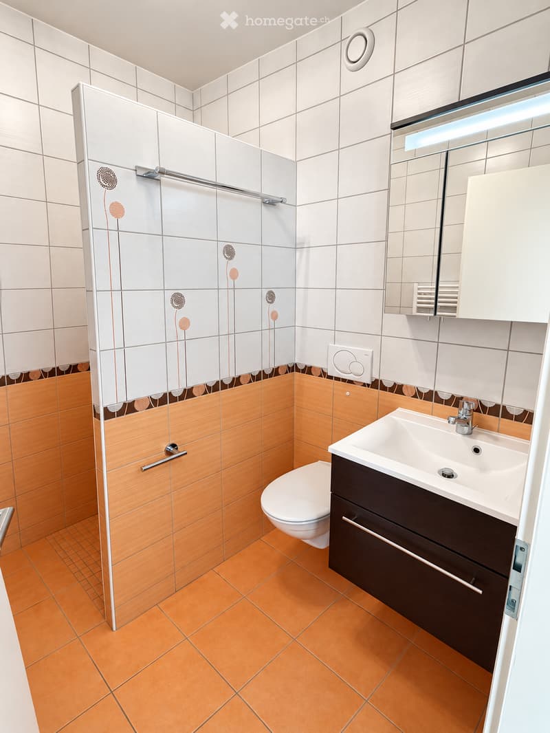Modern bathroom with white tiles, orange accents, a toilet, sink, cabinet, and a glass-enclosed shower with decorative floral tiles.