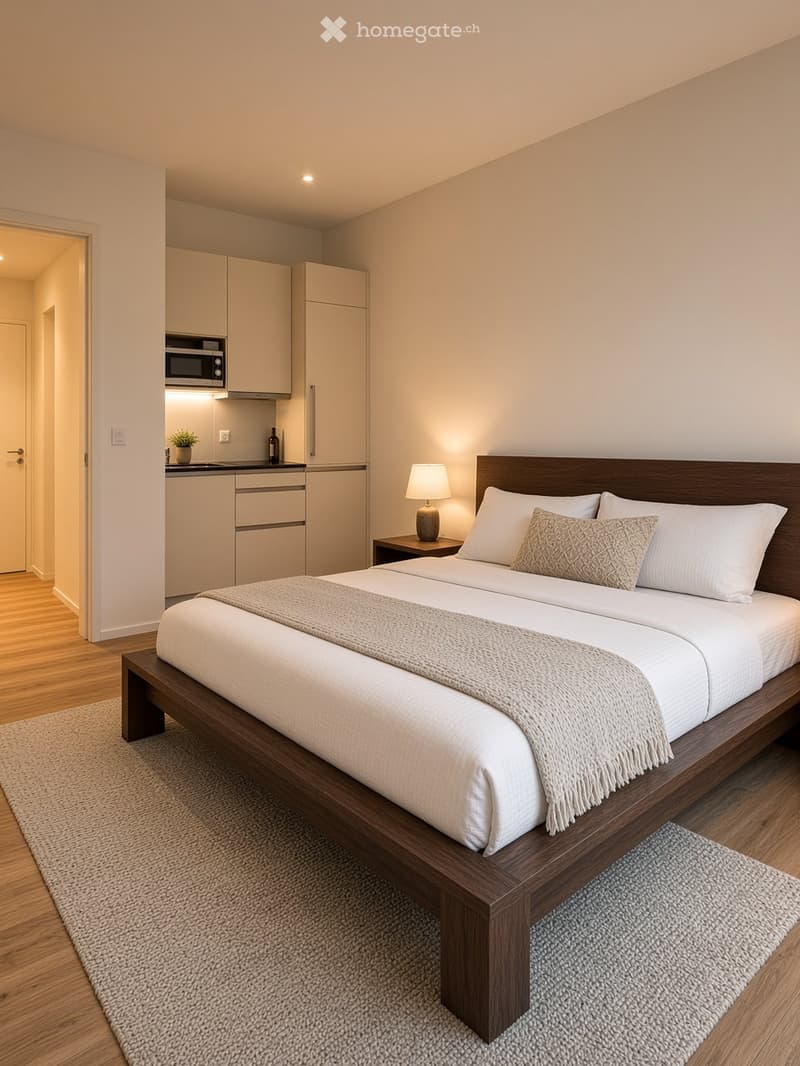A modern, well-lit bedroom with a double bed, nightstand, lamp, and a small kitchenette area featuring a microwave, cabinets, and a refrigerator.