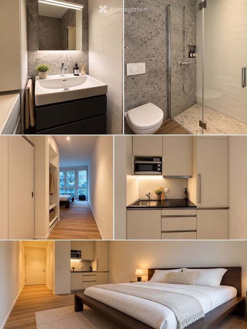 Modern, minimalist apartment featuring a bathroom with a sink, mirror, and shower, a compact kitchen with a microwave, and a cozy bedroom with a bed and nightstand.