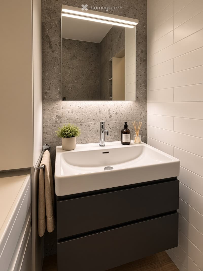 Modern bathroom with a white sink, dark wooden cabinet, large mirror with built-in lighting, and decorative items including a small plant, bottle, and candles.