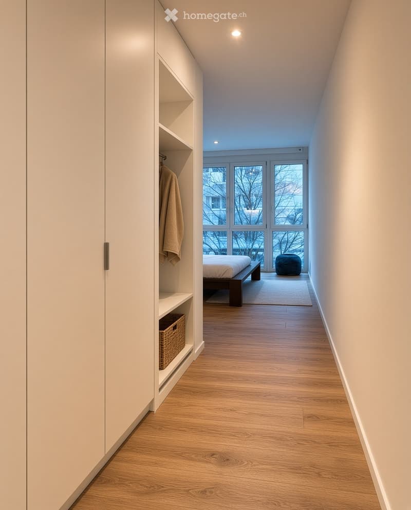 A modern hallway with wooden flooring, white walls, built-in shelving, and a view into a bedroom area with a bed and bench.