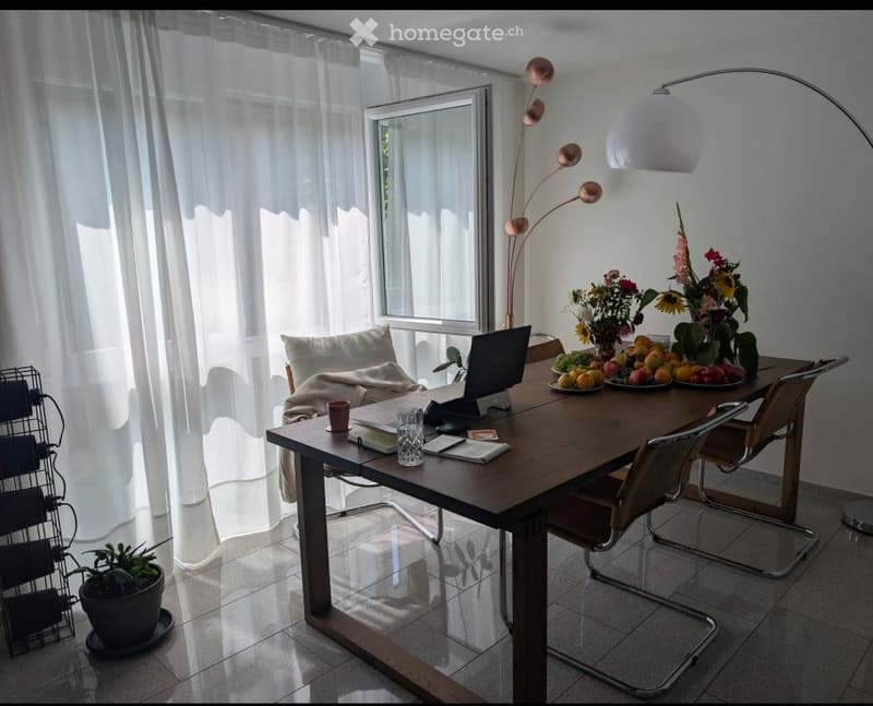 Bright room with a wooden dining table, chairs, laptop, cup, book, flower vase, potted plant, and floor lamp near a large window with white curtains.