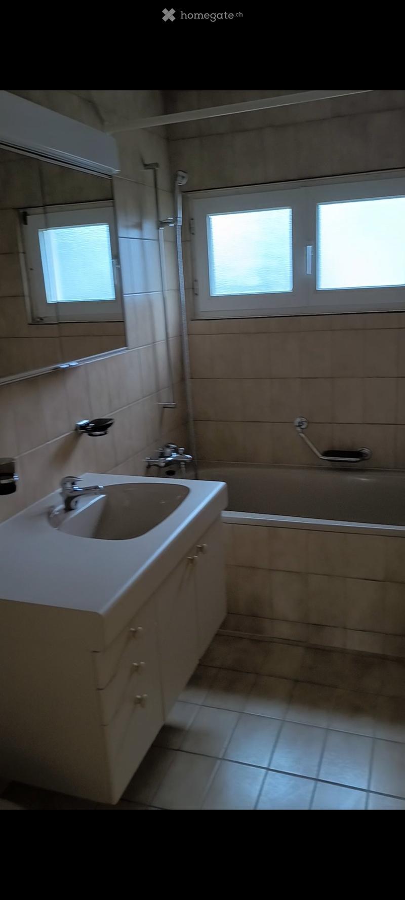Bathroom with a sink, faucet, bathtub, mirror, and cabinet. Light-colored tiles on walls and floor, with windows providing natural light.