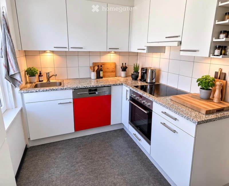Modern kitchen with white cabinets, granite countertops, stainless steel appliances, and small potted plants on the counter.