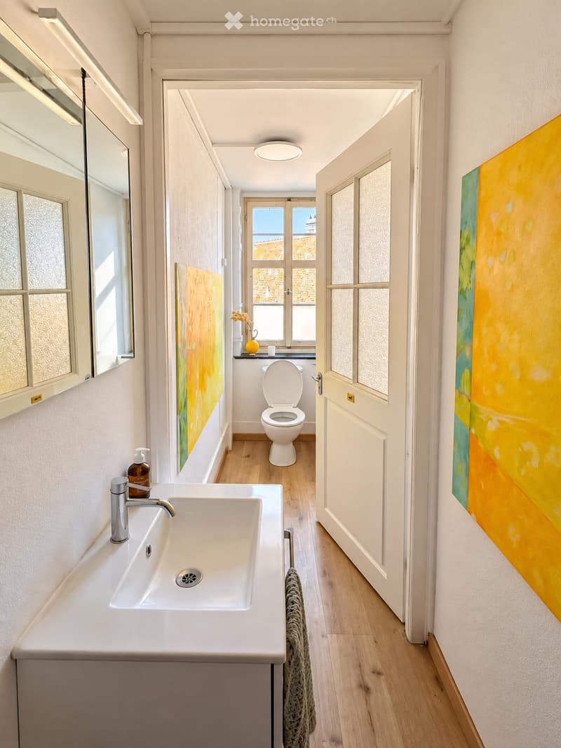 Modern bathroom with a white sink, chrome faucet, toilet, and a towel hanging on a rack. The hallway features a large mirror and colorful artwork.
