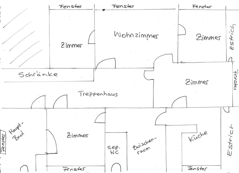 Floor plan showing a two-story house layout with living room, bedrooms, kitchen, bathroom, hallway, and staircase.