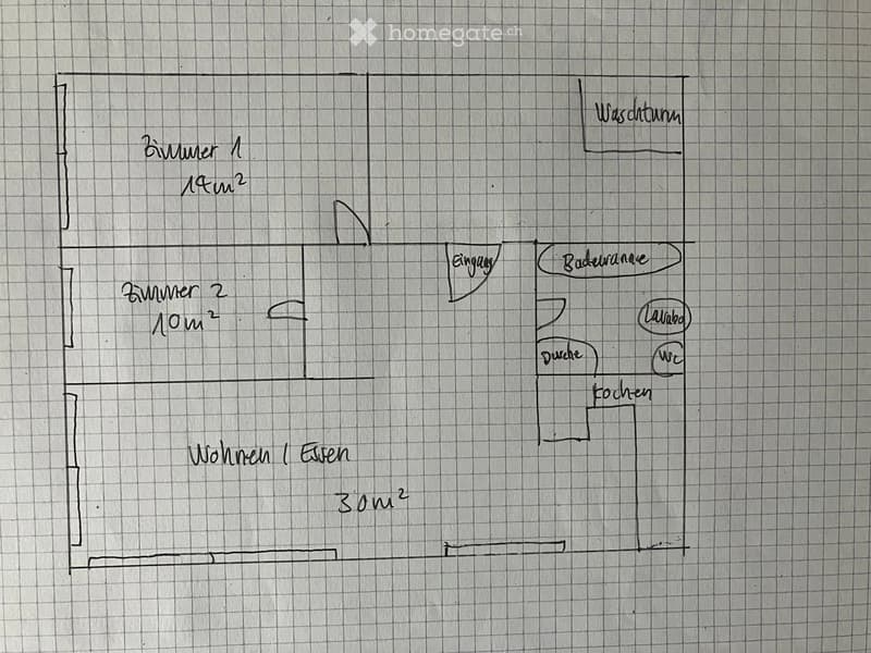 Floor plan showing two bedrooms, living/dining area, kitchen, bathroom, hallway, and entrance.
