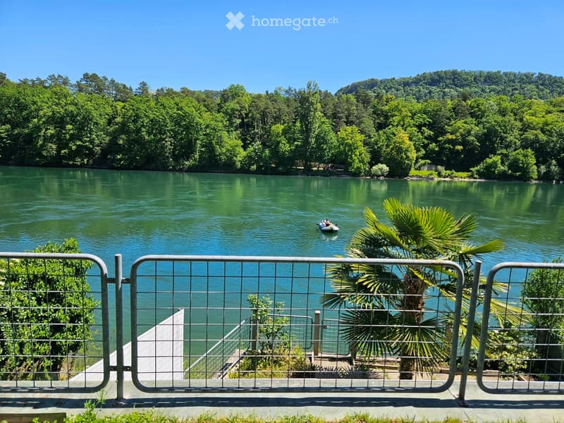 A serene lake surrounded by lush greenery, with a small boat on the water and a metal safety barrier in the foreground.
