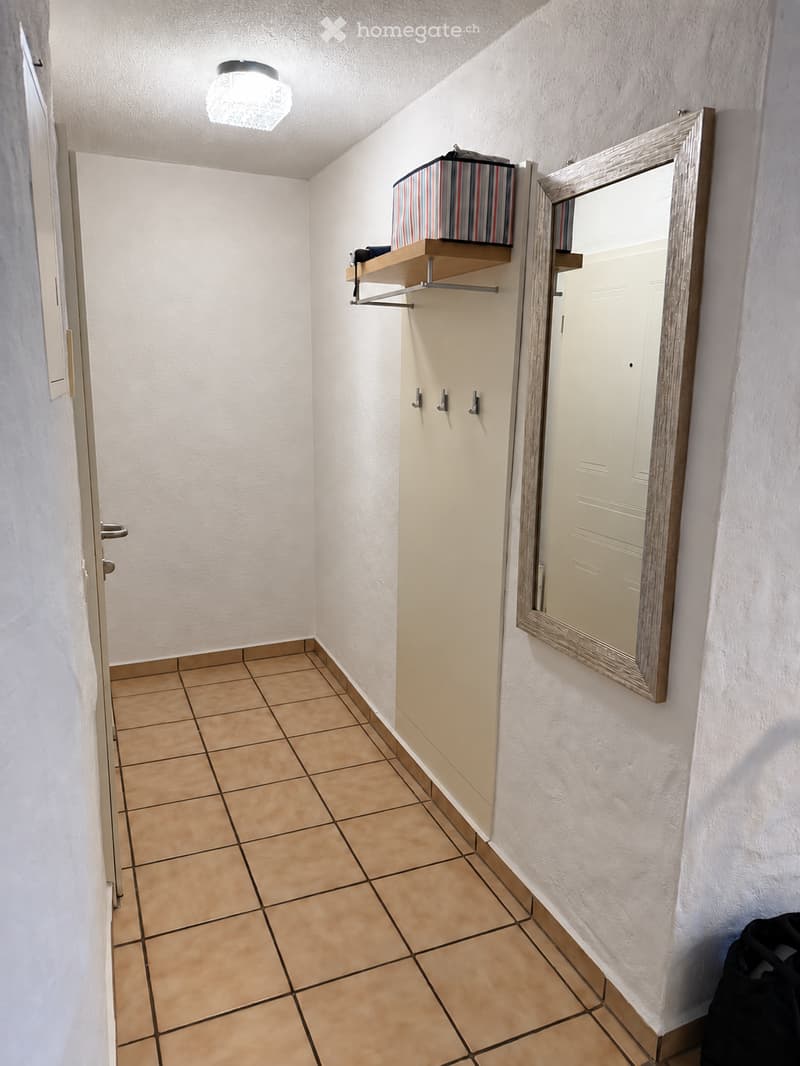 A narrow hallway with tiled flooring, white walls, a ceiling light fixture, a mirror with a wooden frame, and a small shelf holding a striped box and other items.