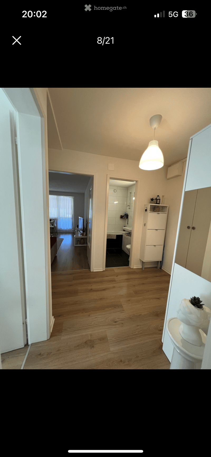 Hallway with wooden flooring, white walls, and a hanging light fixture. Visible rooms include a bathroom and a living area with a TV and sofa.