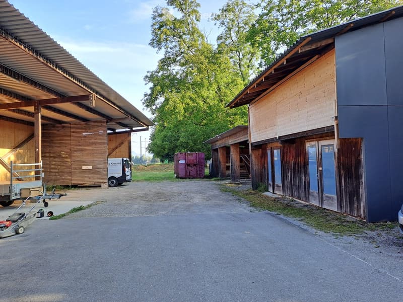 Outdoor area with wooden structures, a covered area, a van, and a lawnmower on the ground.
