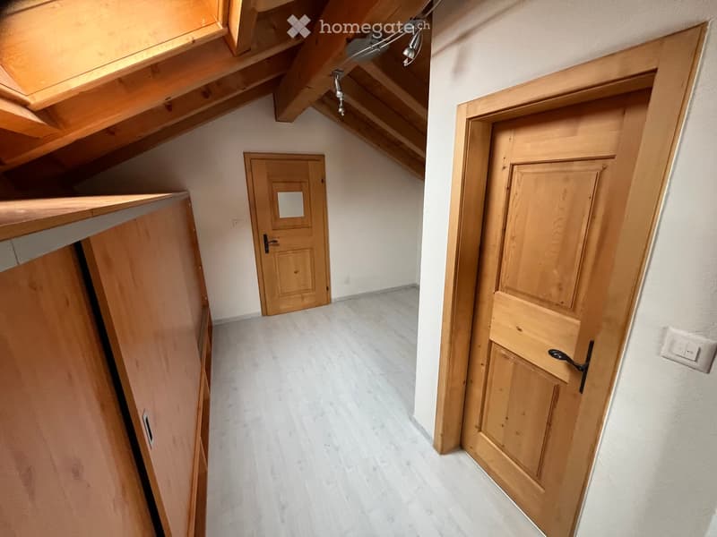 Empty hallway with wooden doors, light-colored walls, and a slanted wooden ceiling with skylight.