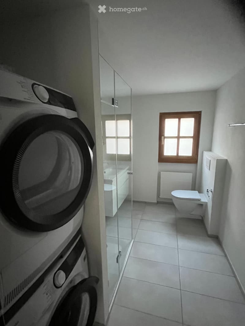 Modern bathroom with white tiled floor, a toilet, a washing machine, and a glass-enclosed shower area with a bathtub visible inside.
