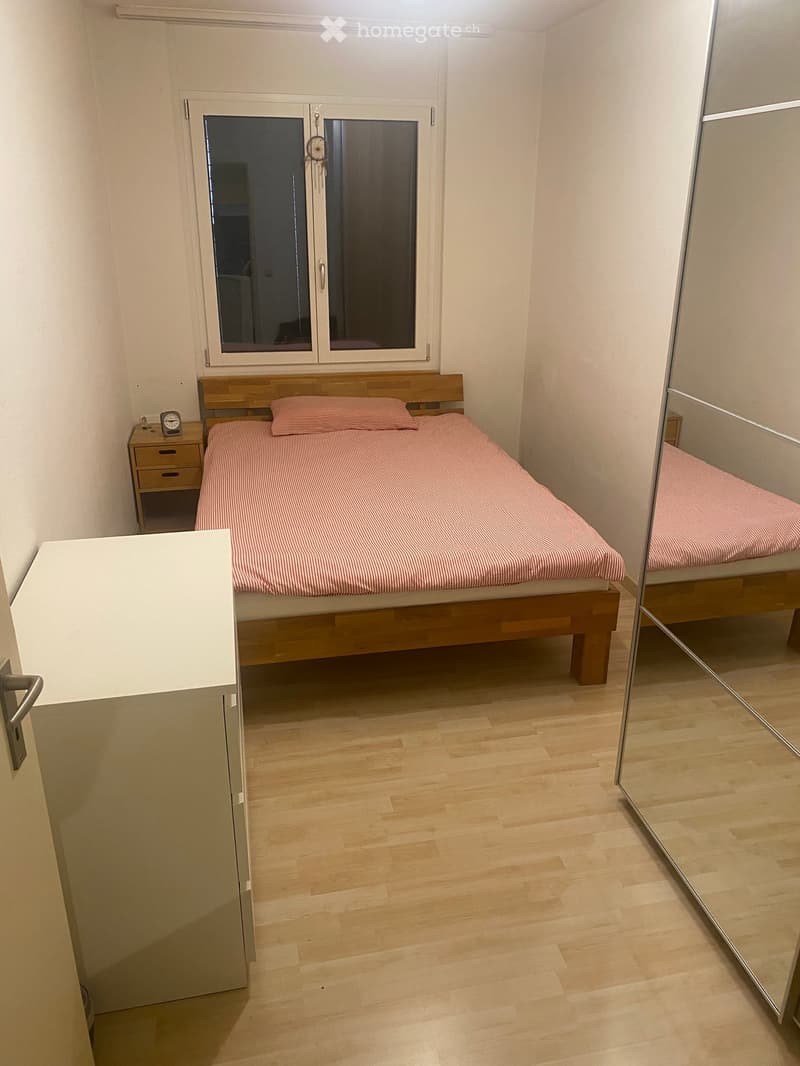 Cozy bedroom with wooden flooring, a single bed with pink bedding, a nightstand with a clock, and a large mirror on the wall.