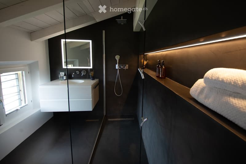 Modern bathroom with dark walls, white sink, large mirror, shower area, and neatly stacked towels on a wooden shelf.