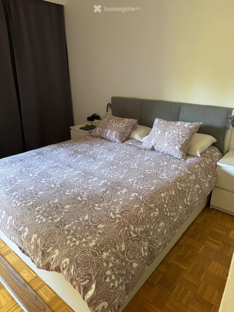 A modern bedroom with a large bed featuring a patterned duvet and matching pillows, a headboard, and a nightstand with a lamp and other items.