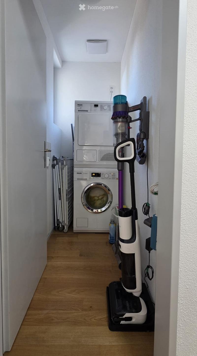 Small bathroom with wooden floor, white walls, washing machine, dishwasher, and vacuum cleaner.