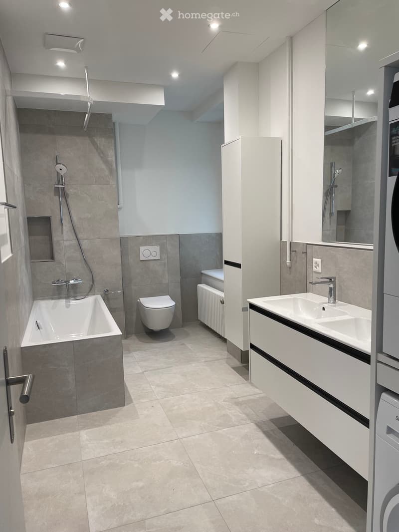 Modern bathroom with a bathtub, toilet, double sink, and shower area. Features include a large mirror, modern faucet, radiator, and tiled walls and floor.