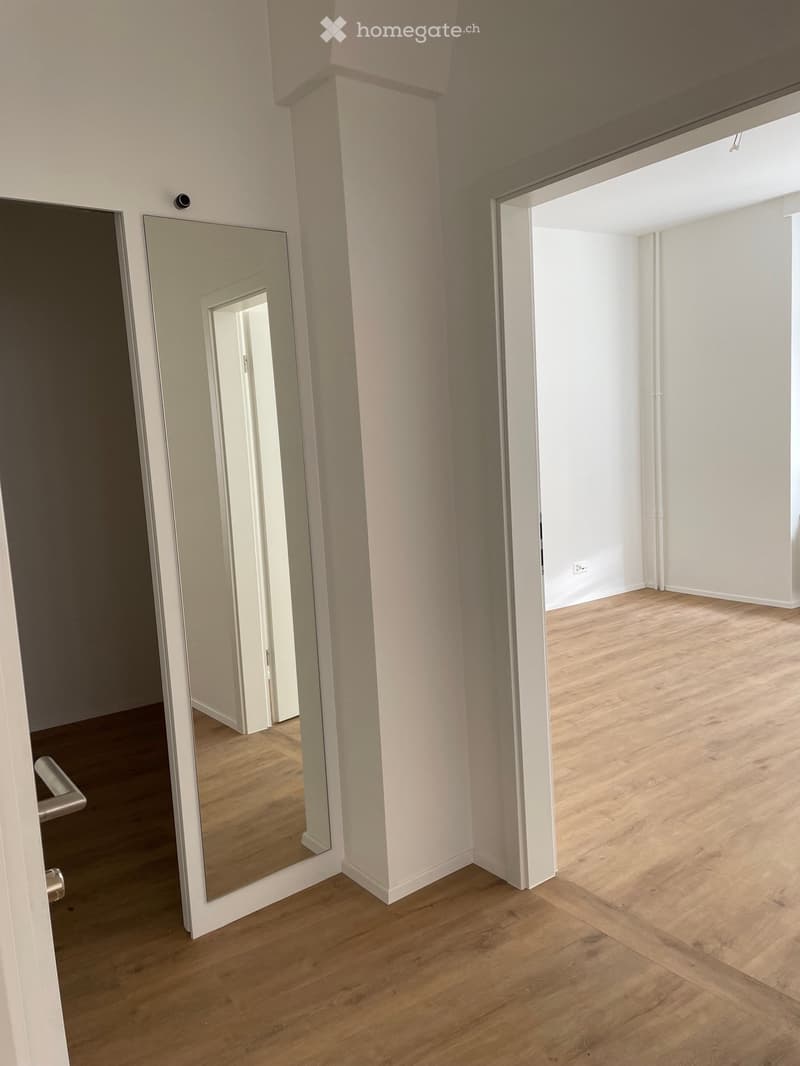 Empty room with wooden flooring, white walls, and a large mirror on one wall. The room is connected to another similarly furnished space through an open doorway.