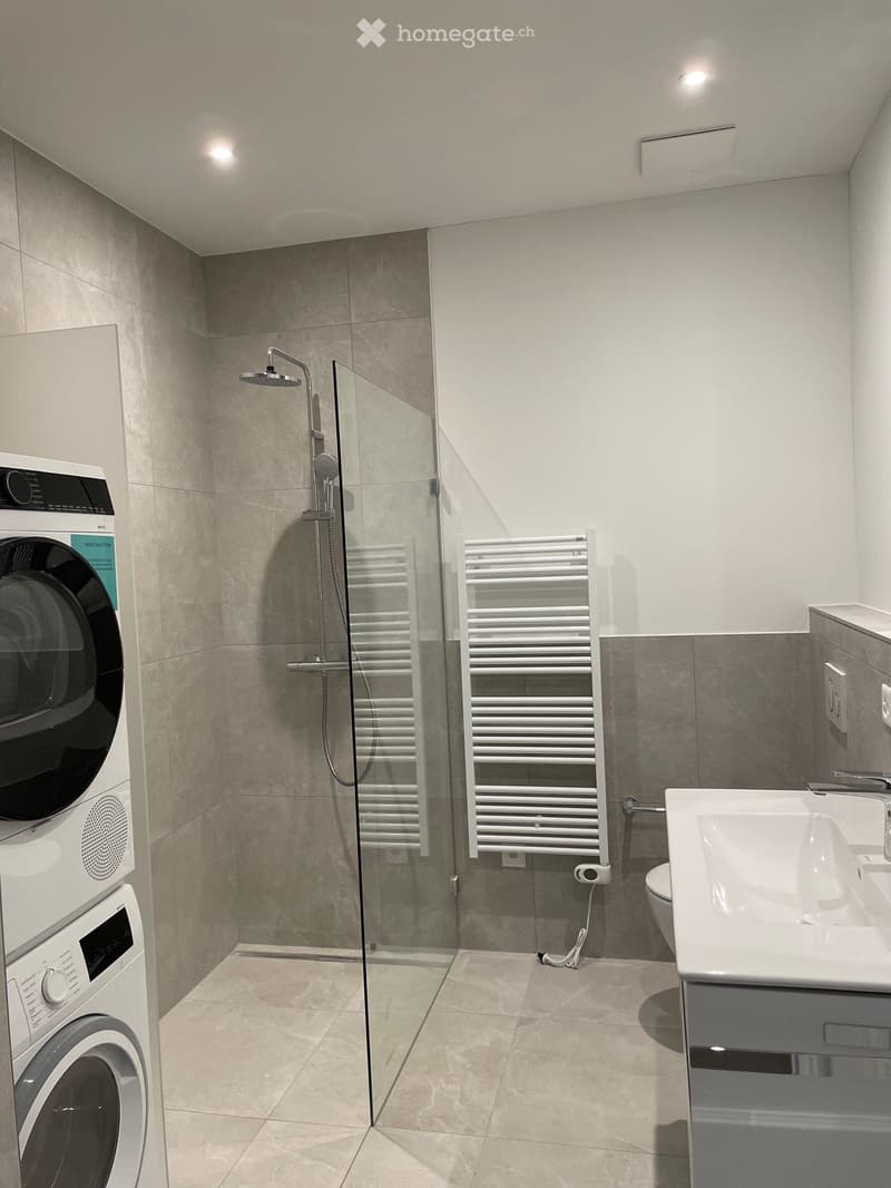 Modern bathroom with a glass-enclosed shower, a white radiator, a double sink vanity, a toilet, and a washing machine.