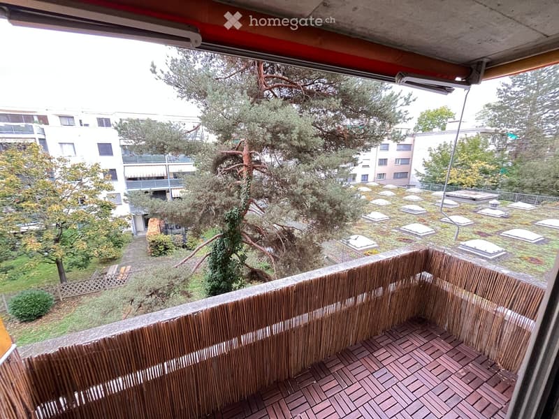 Balcony with wooden decking and bamboo railing, overlooking a landscaped area with trees and buildings.