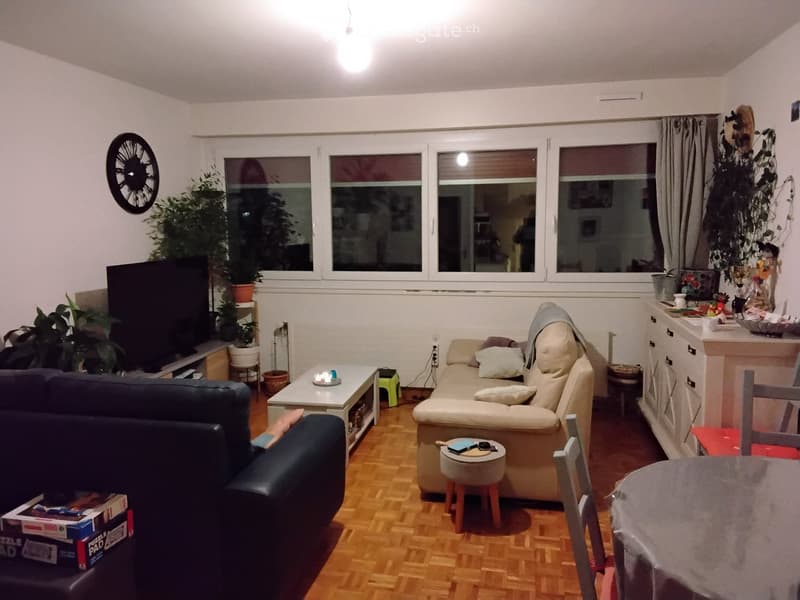 Living room with a beige sofa, coffee table, small stool, and a dark blue armchair. There is a television on a stand, a clock on the wall, and several potted plants near the windows.