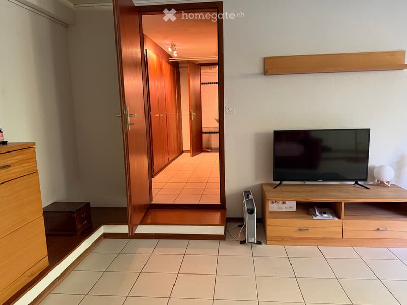 A modern living room with a television on a wooden cabinet, a ball lamp, a fan, and an open wooden wardrobe leading to another room.