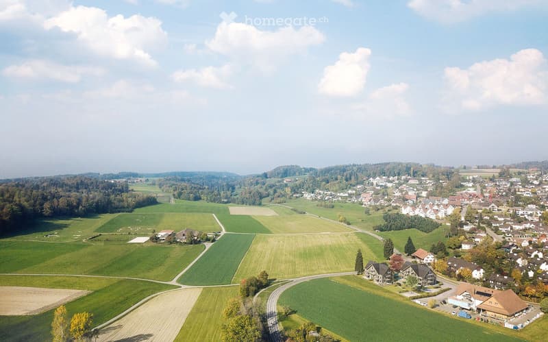 Aerial view of a rural village with scattered houses, green fields, and a winding road, surrounded by trees and hills under a partly cloudy sky.