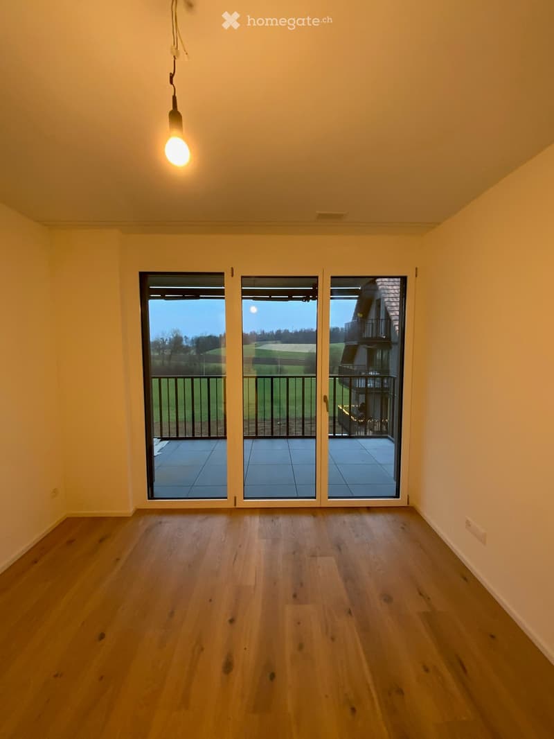 Empty room with wooden flooring, large sliding glass doors leading to a balcony, and a single hanging light fixture.