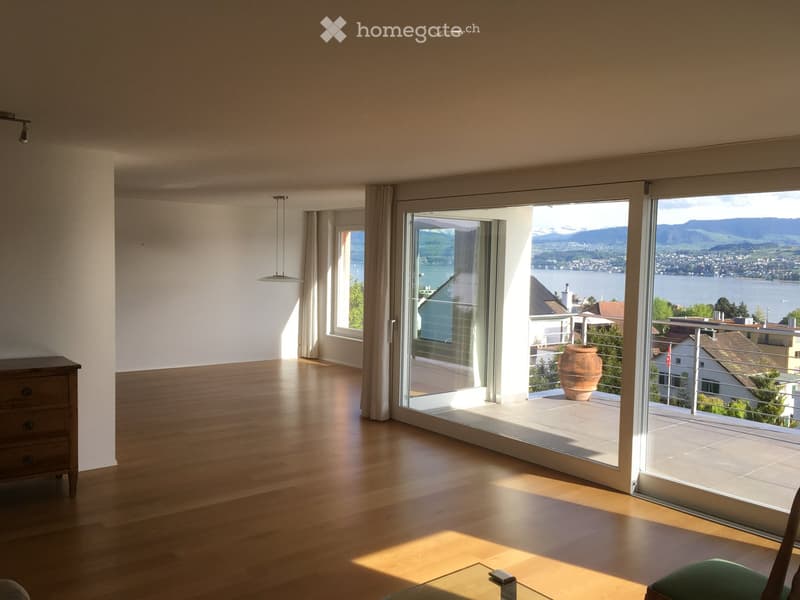 Bright, modern room with wooden flooring, large windows, and a view of a lake and mountains. Features a chest of drawers, a glass coffee table, and a green chair.