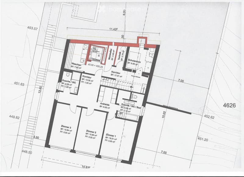 Floor plan of a residential unit showing three bedrooms, two bathrooms, a corridor, a technical room, and a storage area.