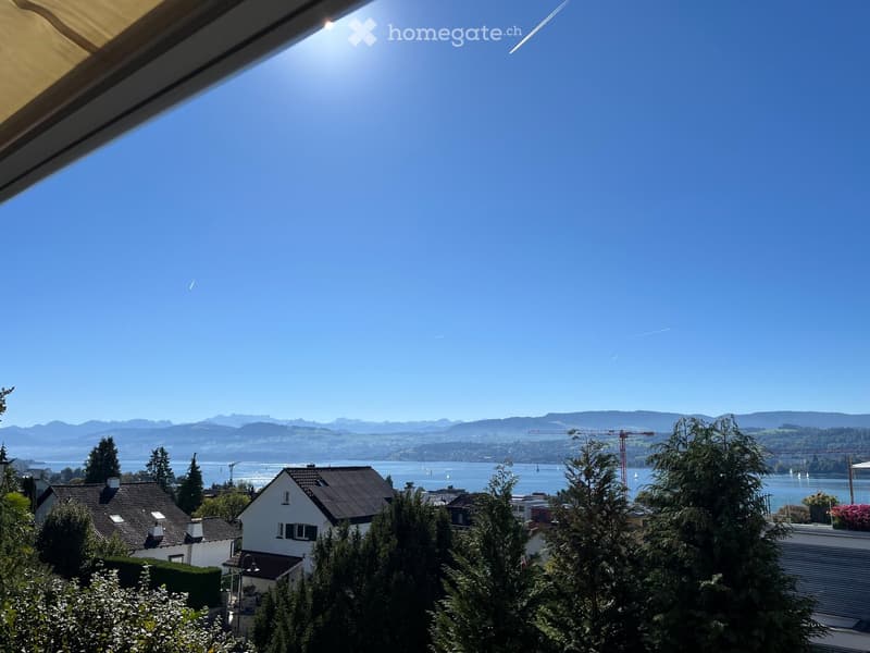 View from a window showing a scenic landscape with a lake, mountains, houses, and trees.