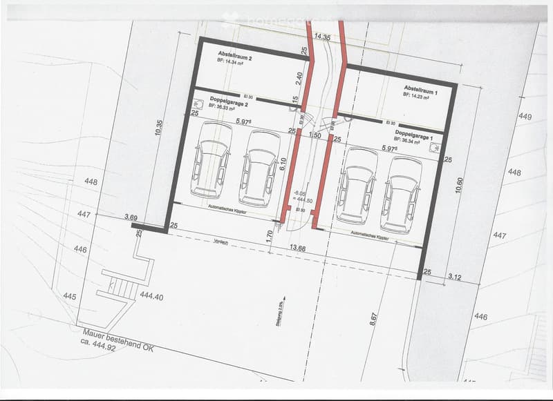 Floor plan showing two double garages, storage rooms, and entrance area with dimensions and labels.