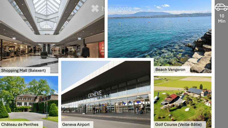 Collage of images showing a shopping mall, a beach, a golf course, a historic chateau, and an airport entrance.