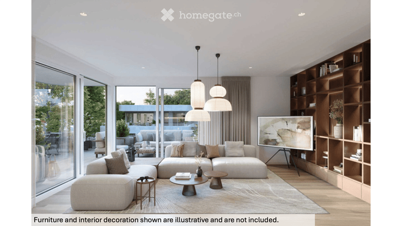 Modern living room with large windows, a sectional sofa, coffee table, side tables, bookshelf, floor lamp, and television.