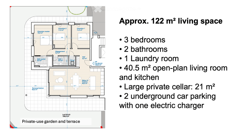 Floor plan of a 122 m² living space with 3 bedrooms, 2 bathrooms, 1 laundry room, 40.5 m² open-plan living room and kitchen, large private cellar (21 m²), and 2 underground car parking spaces with one electric charger. Includes private-use garden and terr
