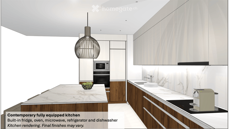 Contemporary kitchen with white cabinets, marble countertops, built-in appliances including oven, microwave, refrigerator, and dishwasher, along with a coffee maker and fruit basket on the counter.