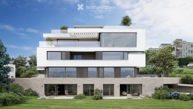 Modern multi-story residential building with large glass windows, balconies, and a landscaped garden in front.