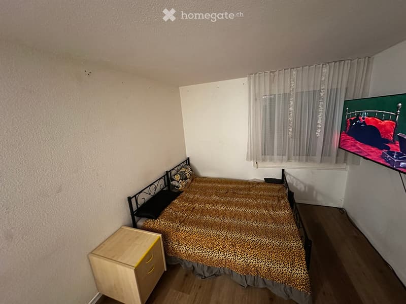 Bedroom with a single bed, leopard print bedspread, nightstand, and a mounted screen displaying an image of a cat on a red bedspread.