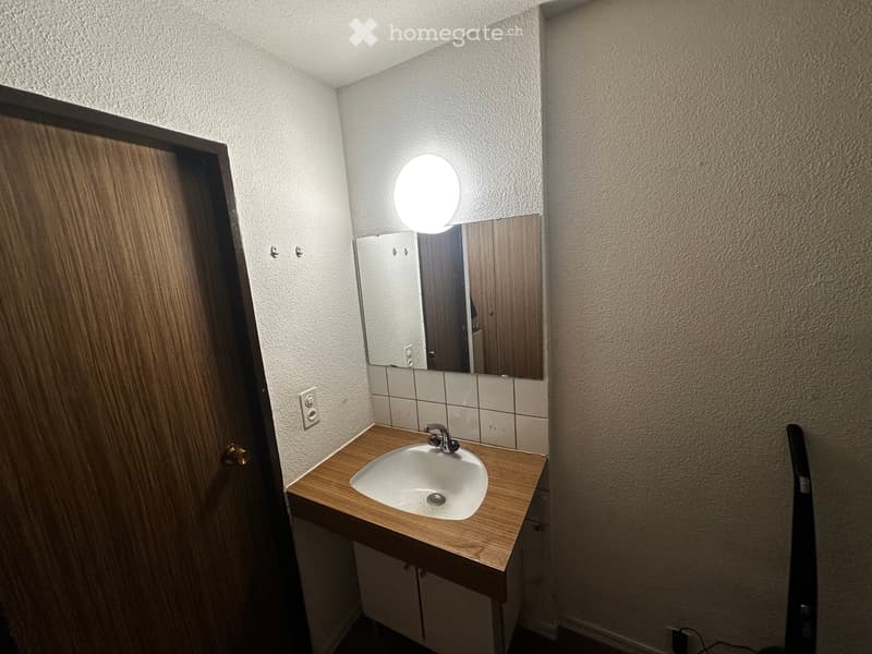 Small bathroom with a wooden vanity, white sink, mirror, and a round light fixture above the mirror.