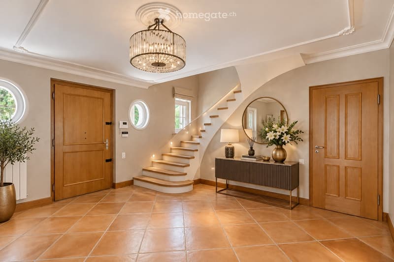 Elegant hallway with a staircase, chandelier, wooden doors, and a console table with a vase and lamp.