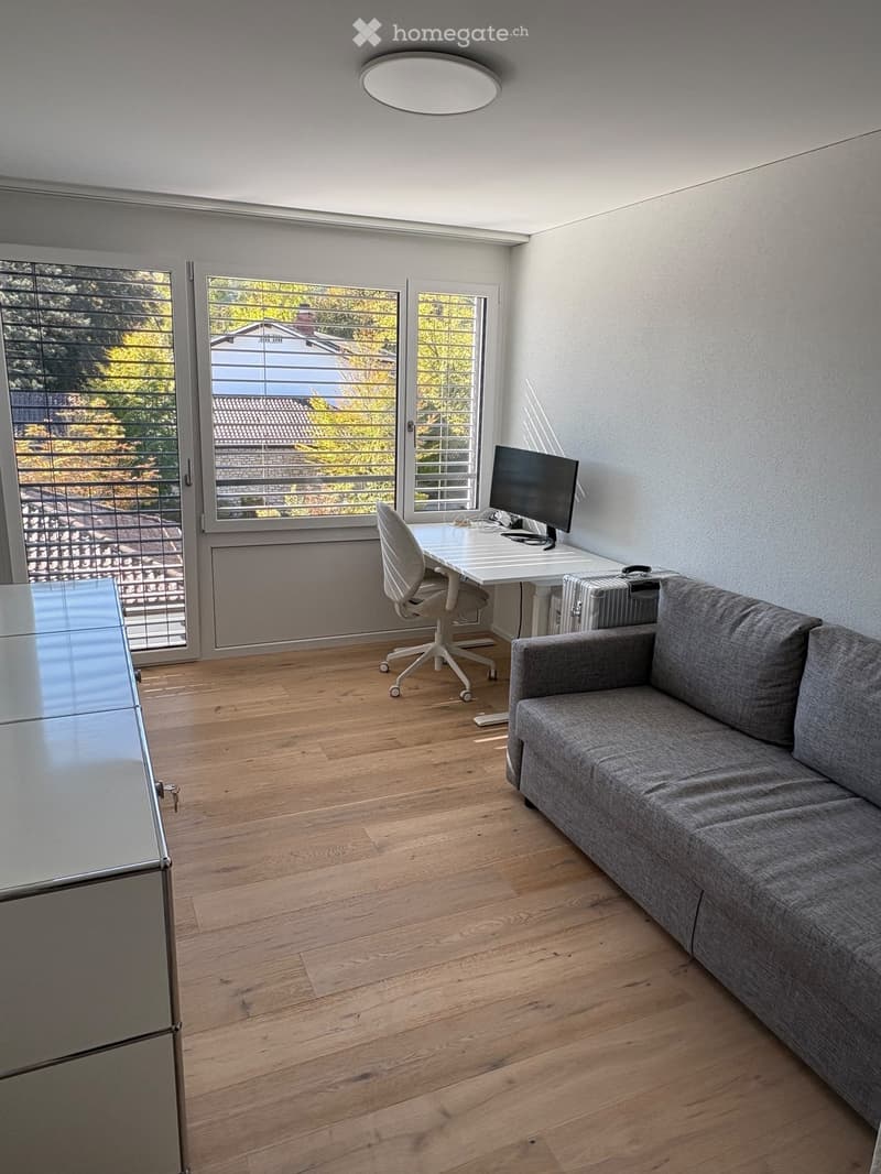 Modern living room with wooden flooring, large windows, grey sofa, desk with chair, computer, and radiator.